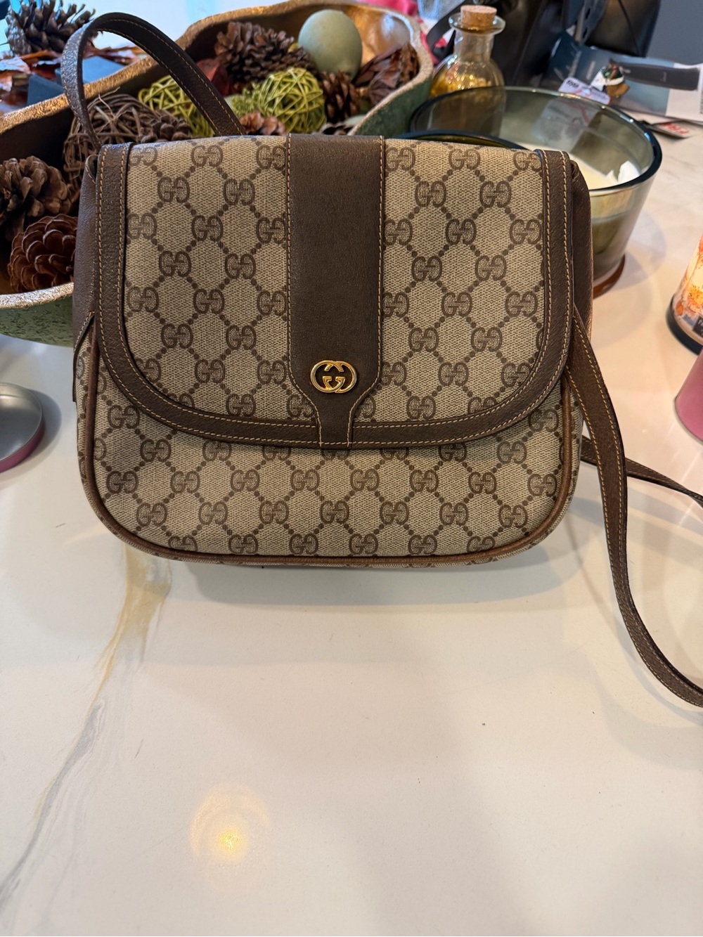 Gucci Beige GG Supreme Canvas Crossbody with Brown Leather Trim